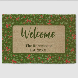 Green and Red Holly Custom Family Name Welcome