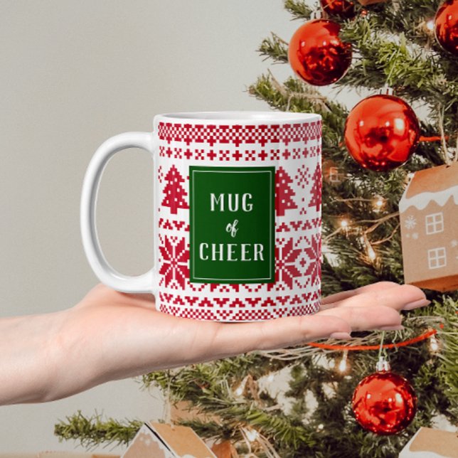 Green and Red Knit Sweater Mug of Christmas Cheer (Christmas mug that reads "mug of cheer" with text on a green rectangle over a red and white pattern)