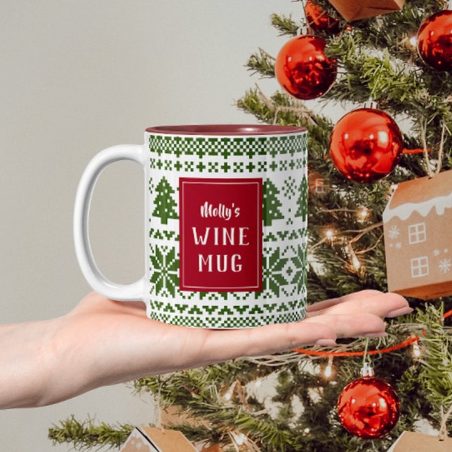 Green and Red Knit Sweater Personalised Wine Mug (Christmas mug with pixel sweater pattern in green and personalized text on both sides)