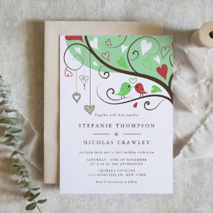 Green and Red Lovebirds Wedding Invitation
