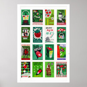 Green and Red Matchbox Label Collage, festive Poster