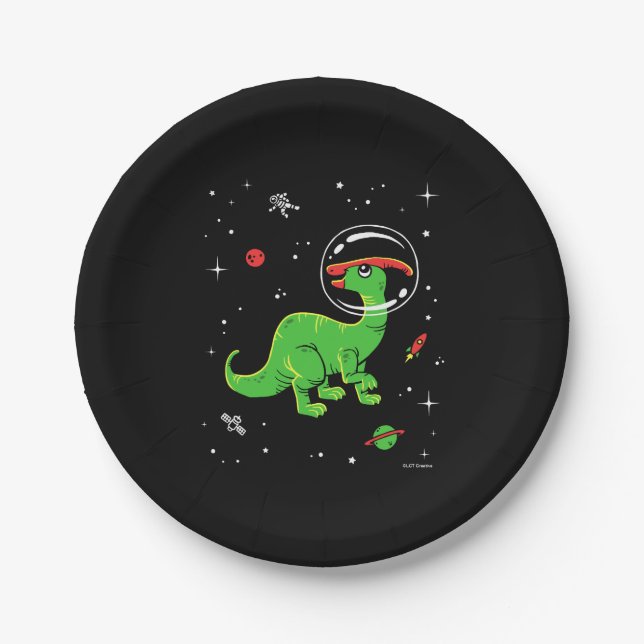 Green And Red Parasaurolophus Dinos In Space Paper Plate (Front)