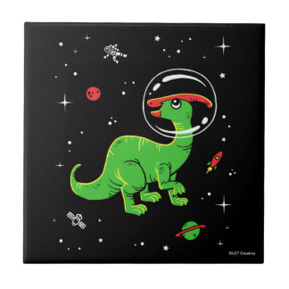Green And Red Parasaurolophus Dinos In Space Tile