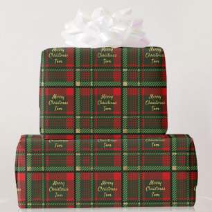 Green and Red Plaid Add Name Text Christmas Gift Wrapping Paper