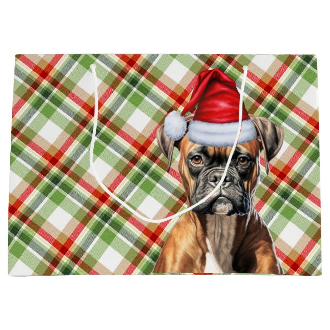 Green and Red Plaid Boxer Dog Lover Holiday Large Gift Bag (Front)