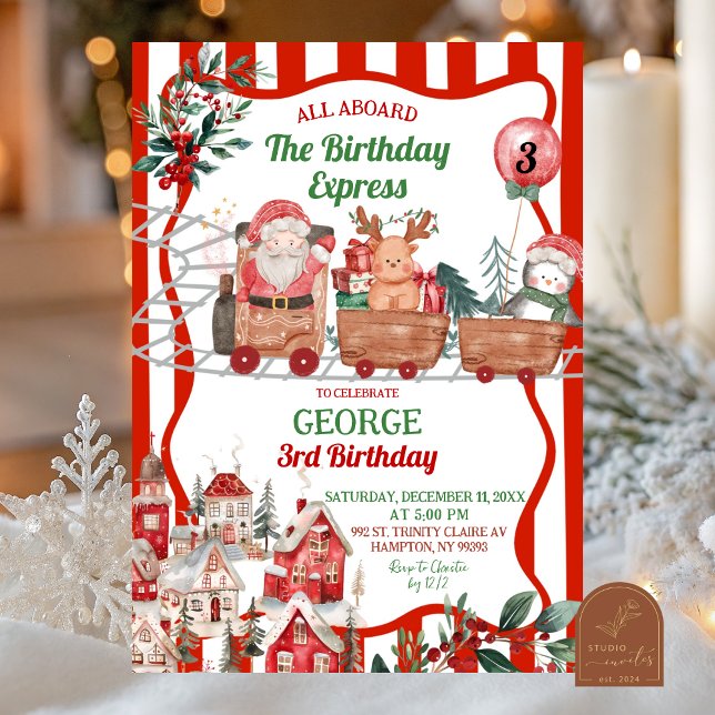 Green and Red Retro Santa's Workshop Birthday Invitation (Creator Uploaded)