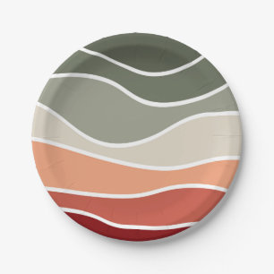 Green and red retro style waves design paper plate