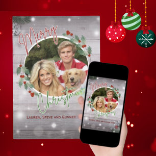 Green and Red Rustic Christmas Photo Greeting Card