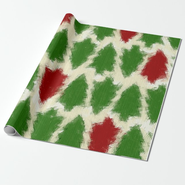 Green And Red Rustic Christmas Tree Pattern Wrapping Paper (Unrolled)