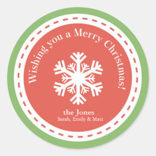 Green and Red Snowflake Holiday Label/Sticker Classic Round Sticker
