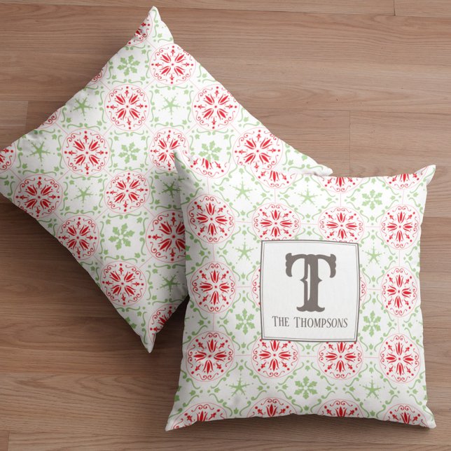 Green and Red Snowflake Holiday Pattern Cushion (Red and green snowflake monogram throw pillow)