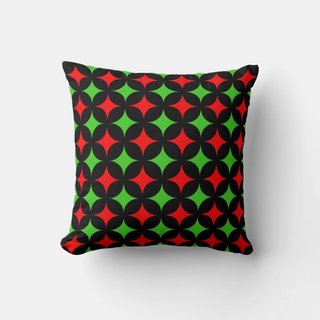 Green and Red Star Pattern on Black Cushion (Front)