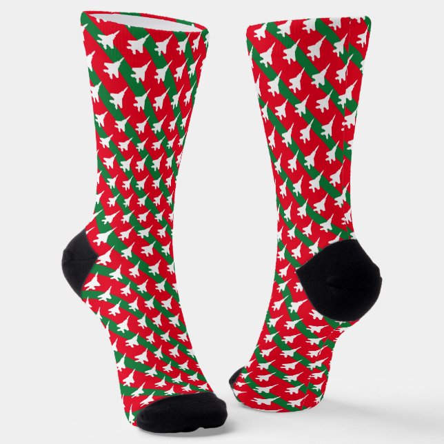 Green and Red Stripe F-15 Pattern Christmas Socks (Angled)