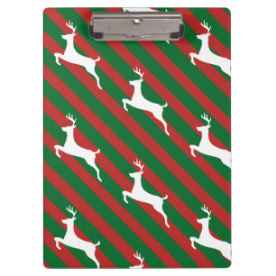Green and Red Stripe White Deer Pattern Christmas Clipboard