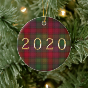 Green and red, tartan ceramic tree decoration