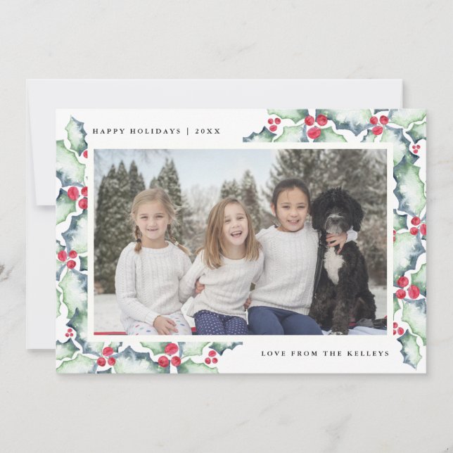 Green and Red Watercolor Holly, Holiday Photo Card (Front)