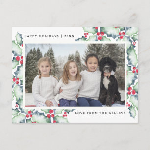 Green and Red Watercolor Holly, Holiday Photo Postcard