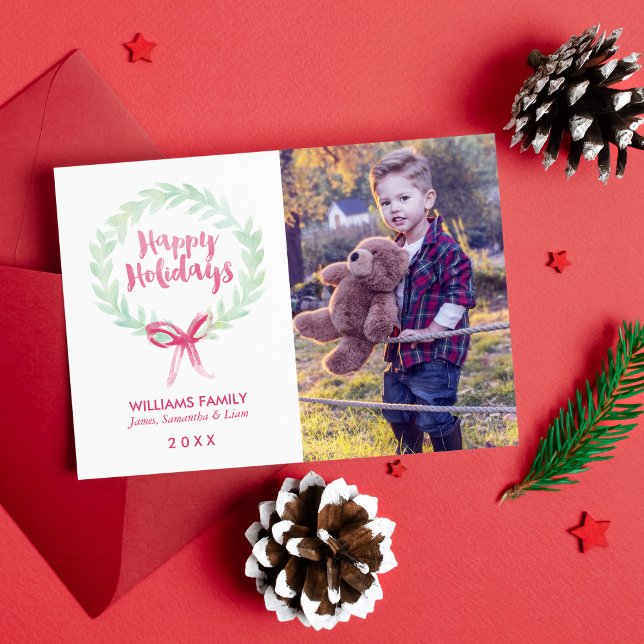 Green and Red Watercolor Wreath Holidays Photo Holiday Card (Creator Uploaded)