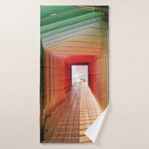 Green and red wooden hallway interior bath towel