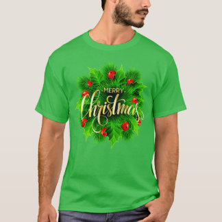 Green And Red Wreath With Merry Christmas Text Ove T-Shirt