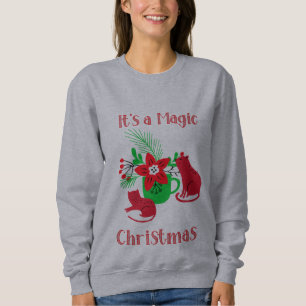 Green and Red X-mas cup and cats illustration Sweatshirt