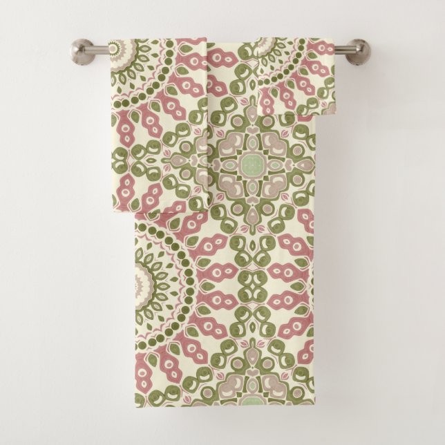 Green and Rose Mandala Vintage Bohemian Pattern Bath Towel Set (Insitu)