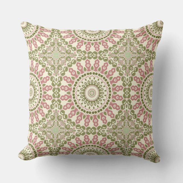 Green and Rose Mandala Vintage Bohemian Pattern Cushion (Front)