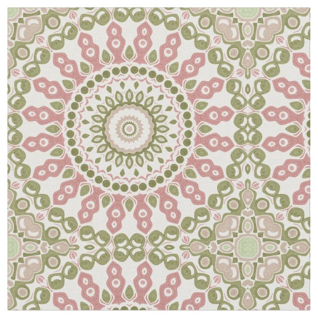 Green and Rose Mandala Vintage Bohemian Pattern Fabric (Close Up)