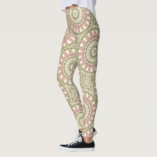 Green and Rose Mandala Vintage Bohemian Pattern Leggings