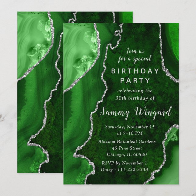 Green and Silver Agate Marble 30th Birthday Party Invitation (Front/Back)
