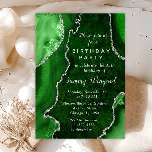 Green and Silver Agate Marble Birthday Party Invitation