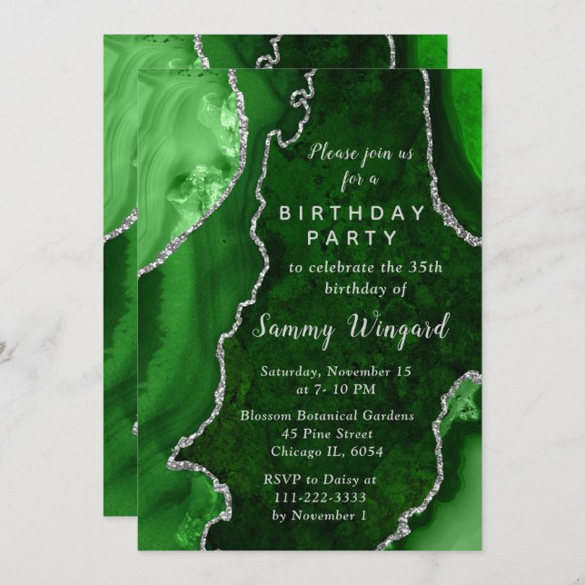 Green and Silver Agate Marble Birthday Party Invitation (Front/Back)