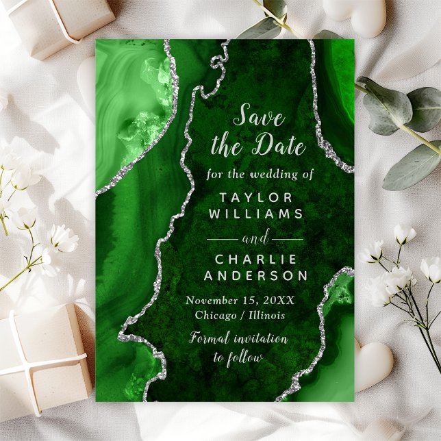 Green and Silver Agate Marble Save The Date Invitation (Creator Uploaded)