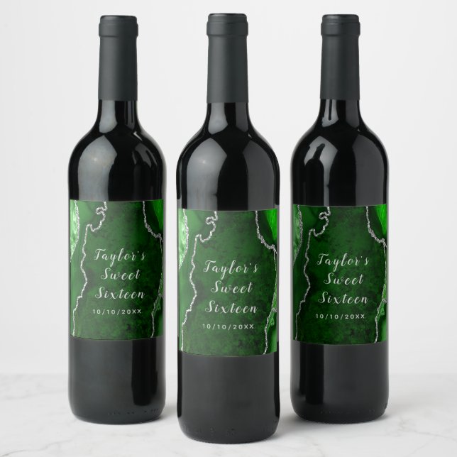 Green and Silver Agate Marble Sweet Sixteen Wine Label (Bottles)