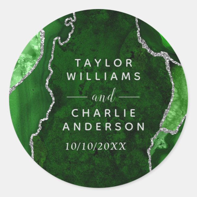 Green and Silver Agate Marble Wedding Classic Round Sticker (Front)