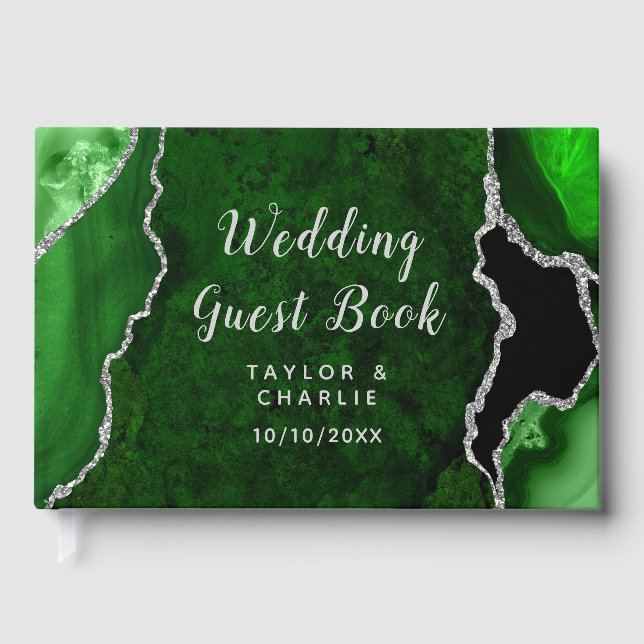 Green and Silver Agate Marble Wedding Guest Book (Front)