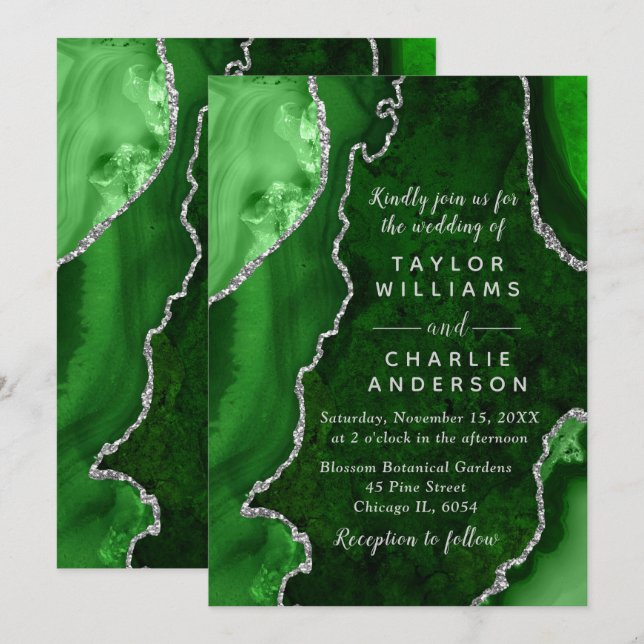 Green and Silver Agate Marble Wedding Invitation (Front/Back)