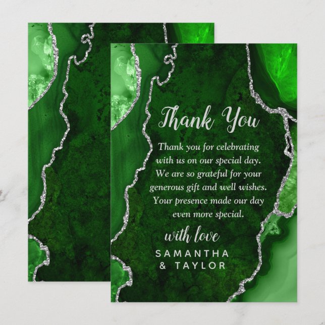 Green and Silver Agate Marble Wedding Thank You Card (Front/Back)