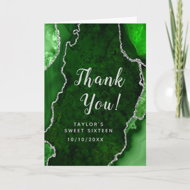 Green and Silver Agate Sweet Sixteen Thank You Card (Front)