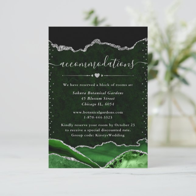 Green and Silver Agate Wedding Accommodations Enclosure Card (Standing Front)