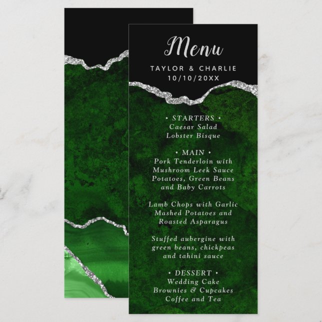 Green and Silver Agate Wedding Menu (Front/Back)
