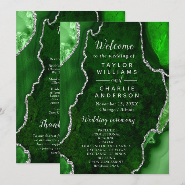 Green and Silver Agate Wedding Program Programme (Front/Back)