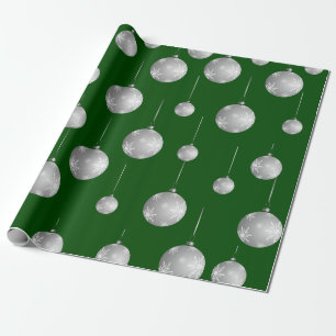 Green and Silver Christmas Ornament Pattern Wrapping Paper