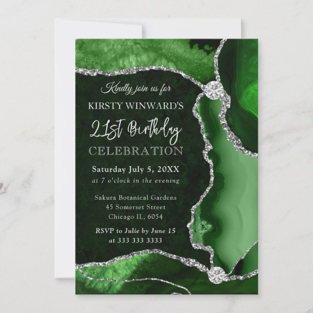Green and Silver Faux Glitter Agate Birthday Invitation (Front)