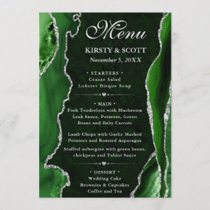 Green and Silver Faux Glitter Agate Wedding Menu