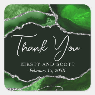 Green and Silver Faux Glitter Agate Wedding Square Sticker