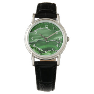 Green and Silver Faux Glitter Marble Agate Watch