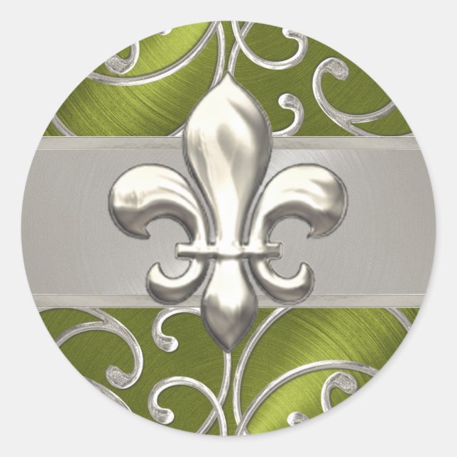 Green and Silver Filigree Swirls Fleur de Lis Classic Round Sticker (Front)