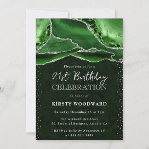Green and Silver Glitter Agate 21st Birthday Invitation