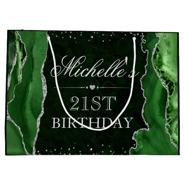 Green and Silver Glitter Agate Birthday Large Gift Bag (Back)
